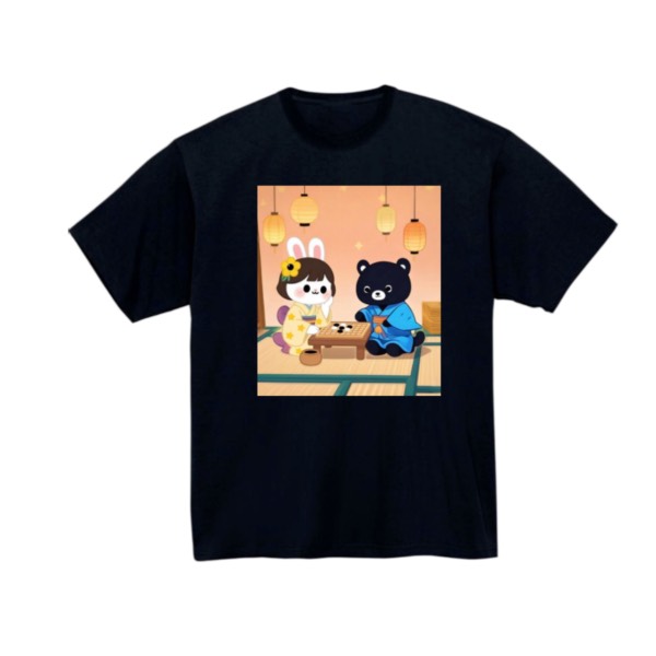 【うさぎ・くま 囲碁対局】黒Tシャツ 子供用