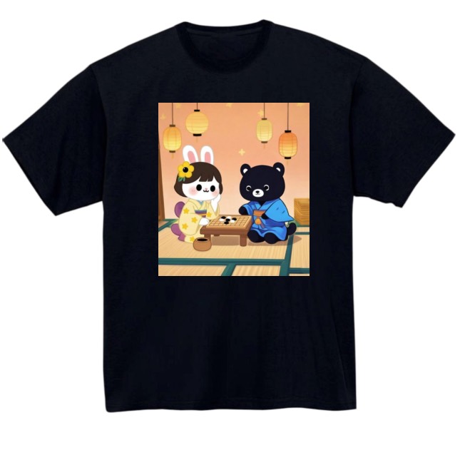【うさぎ・くま 囲碁対局】黒Tシャツ 大人用