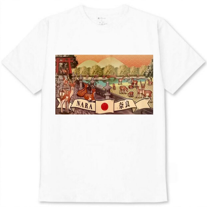 【奈良県_鹿2 】白Tシャツ 大人用