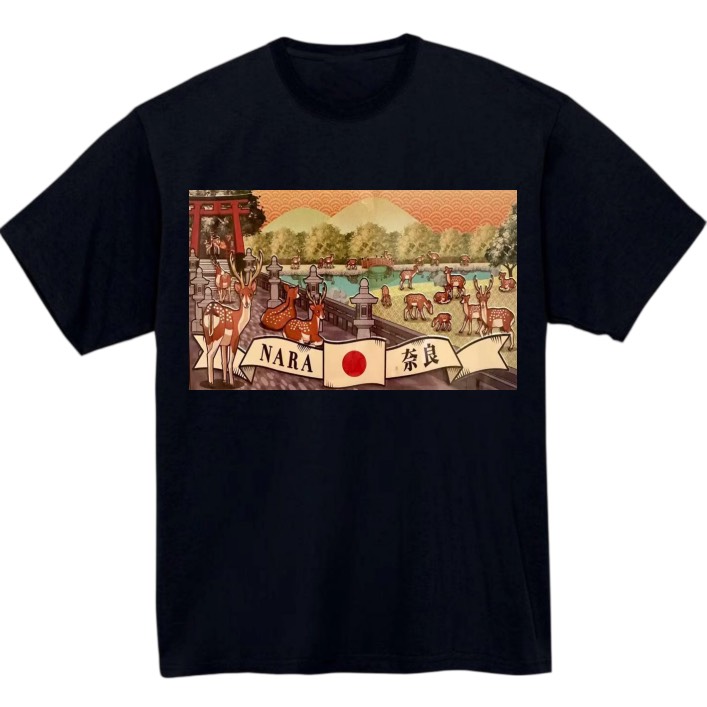 【奈良県_鹿2 】黒Tシャツ 大人用