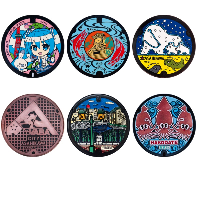 「マンホール_北海道_札幌市・旭川市・小樽市・函館市」缶バッジ58mm 6枚セット