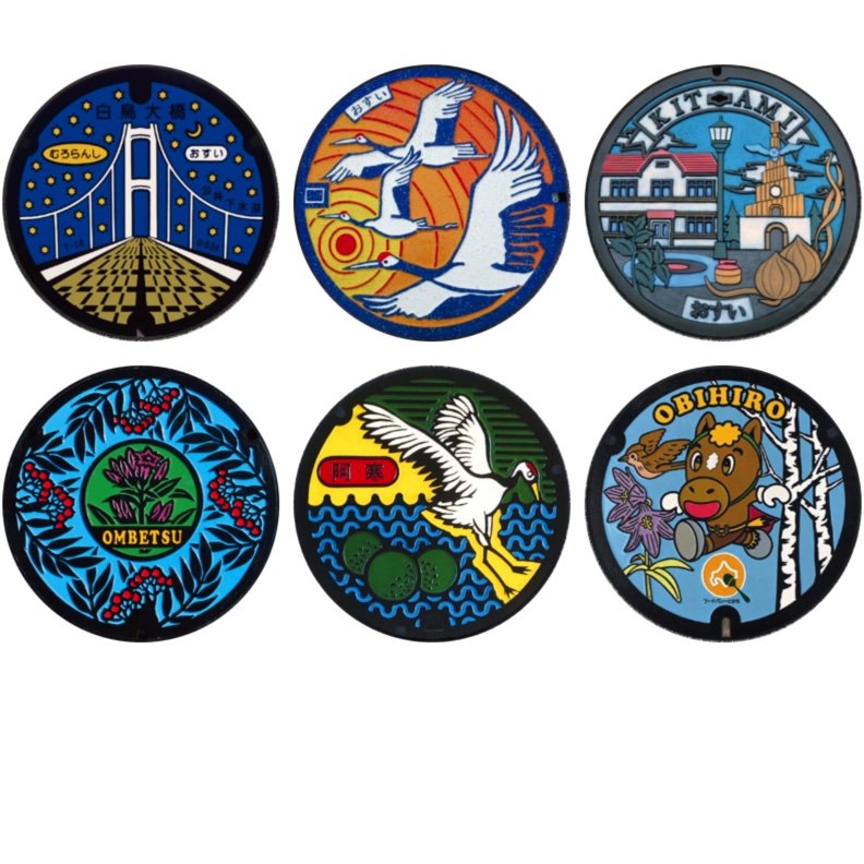 「マンホール_北海道_室蘭市・釧路市・帯広市・北見市」缶バッジ58mm 6枚セット