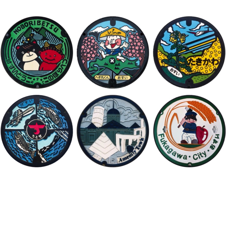 「マンホール_北海道_登別市・富良野市・滝川市・千歳市・砂川市・深川市」缶バッジ58mm 6枚セット