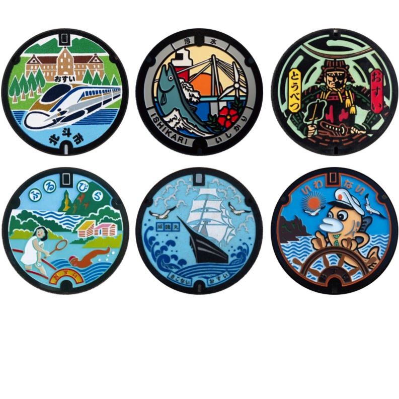 「マンホール_北海道_北斗市・石狩市・当別町・木古内町・岩内町・古平町」缶バッジ58mm 6枚セット