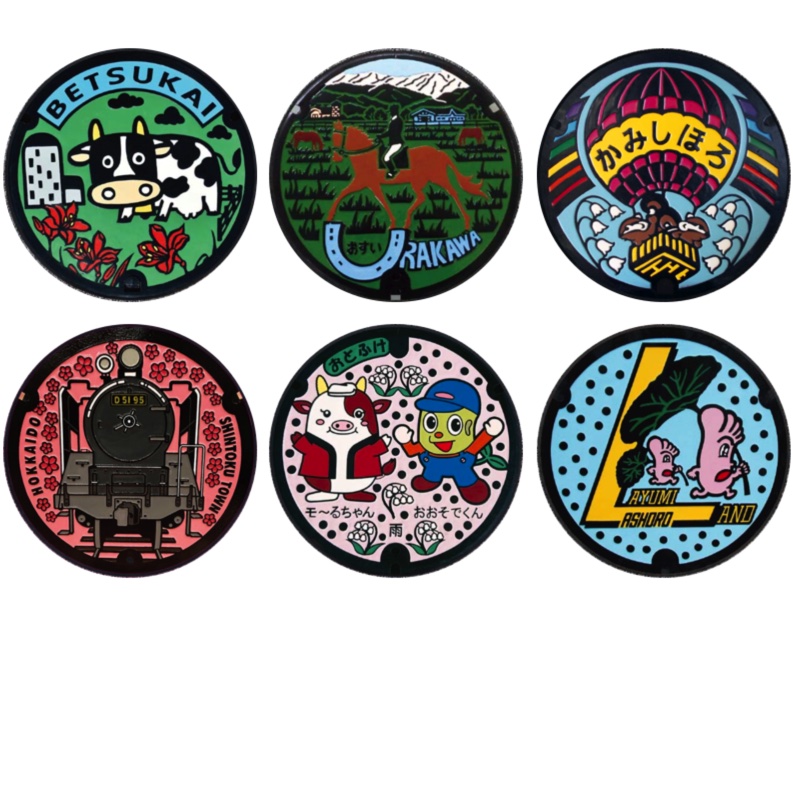 「マンホール_北海道_別海町・浦河町・上士幌町・新得町・音更町・足寄町」缶バッジ58mm 6枚セット