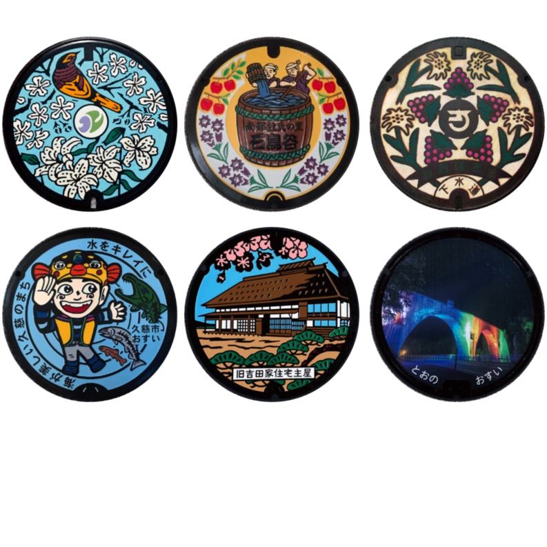 「マンホール_岩手県_北上市・花巻市・久慈市・遠野市・陸前高田市」缶バッジ58mm 6枚セット