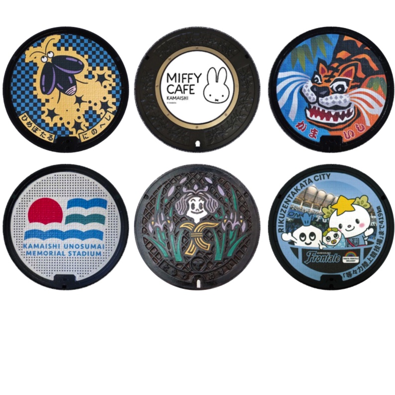 「マンホール_岩手県_二戸市・釜石市・花巻市・陸前高田市」缶バッジ58mm 6枚セット