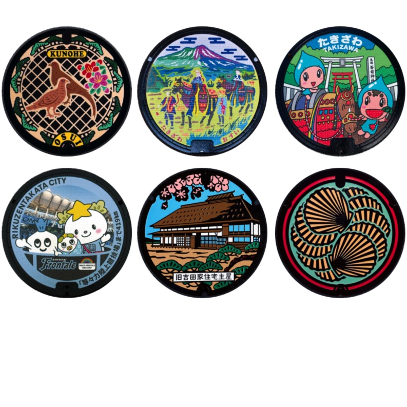「マンホール_岩手県_九戸村・滝沢市・陸前高田市・山田町」缶バッジ58mm 6枚セット