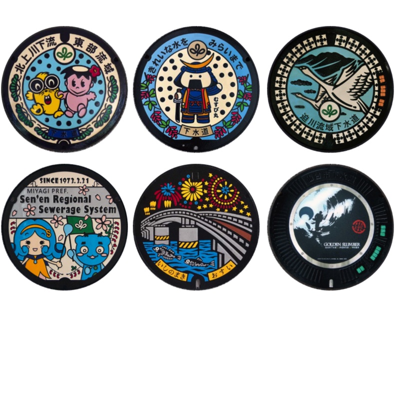 「マンホール_宮城県_流域下水道・仙台市・石巻市」缶バッジ58mm 6枚セット