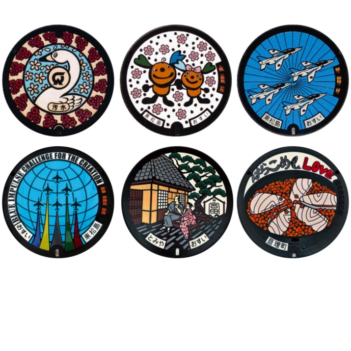 「マンホール_宮城県_大河原町・東松島市・富谷市・亘理町」缶バッジ58mm 6枚セット