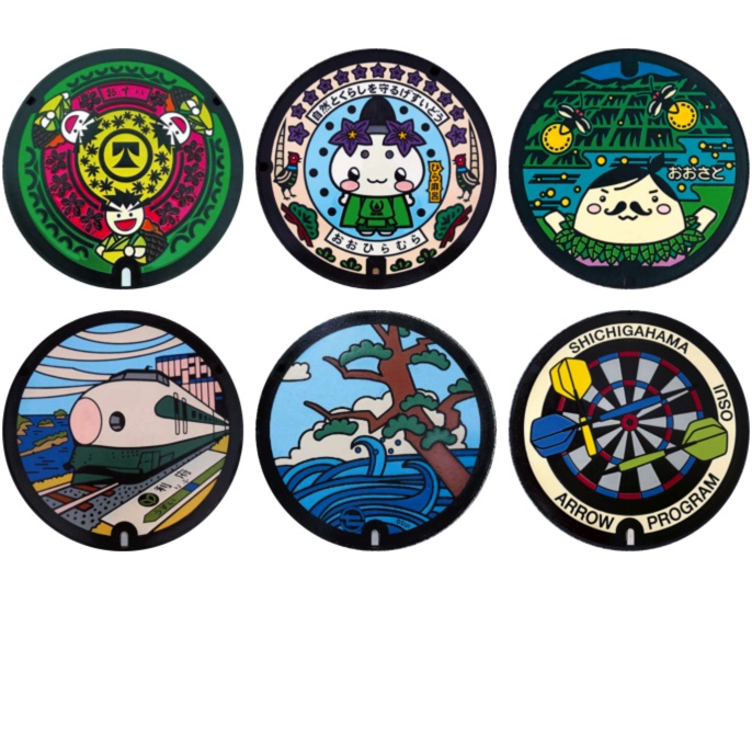 「マンホール_宮城県_大和町・大衡村・大郷町・利府町・七ヶ浜町」缶バッジ58mm 6枚セット