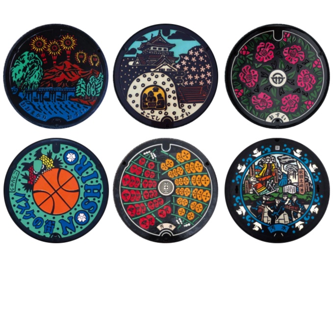 「マンホール_秋田県_秋田市・能代市・横手市・男鹿市・大仙市」缶バッジ58mm 6枚セット