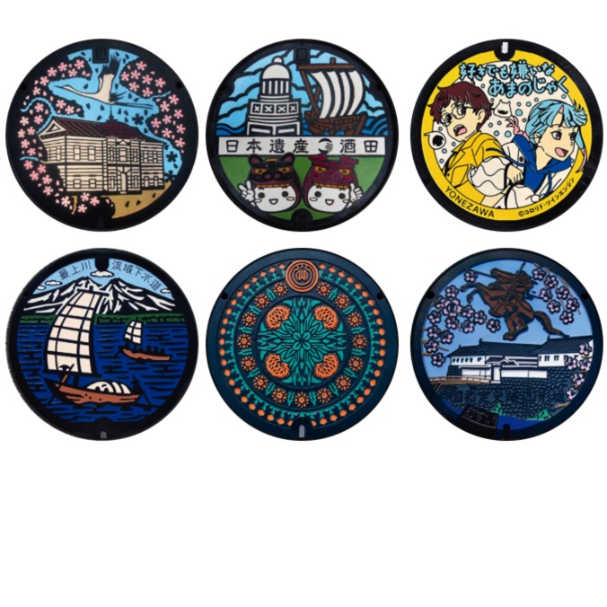「マンホール_山形県_山形市・米沢市・鶴岡市・酒田市」缶バッジ58mm 6枚セット