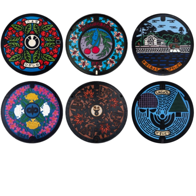 「マンホール_山形県_新庄市・寒河江市・天童市・東根市・南陽市・河北町」缶バッジ58mm 6枚セット