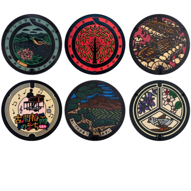 「マンホール_福島県_福島市・会津若松市・郡山市」缶バッジ58mm 6枚セット